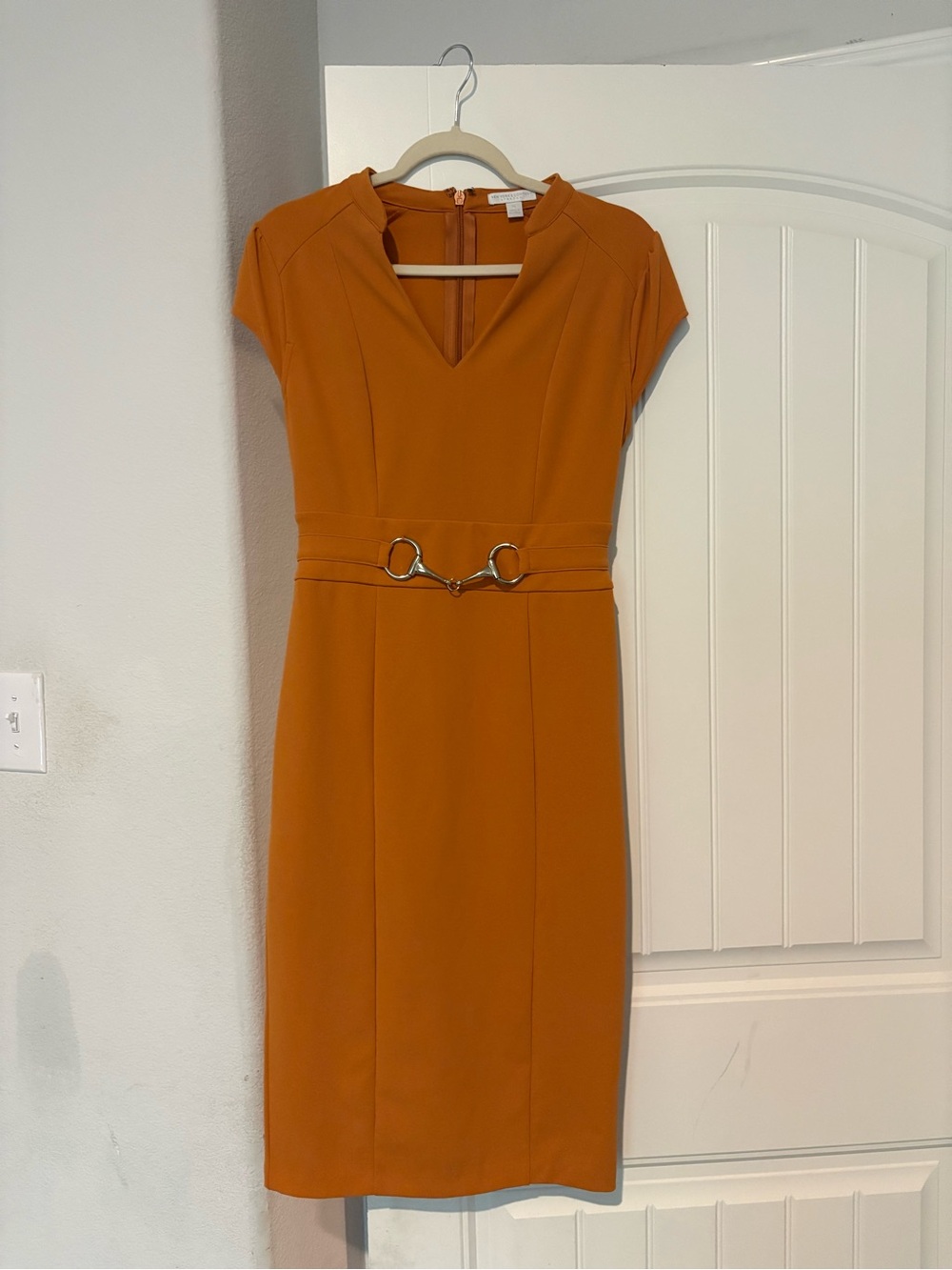 New York & Company Orange Midi Dress with Gold Buckle
